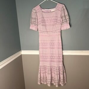 Rachel Parcell Lavender Lace Eyelet Midi Dress Square Neck Puff Sleeve XXS